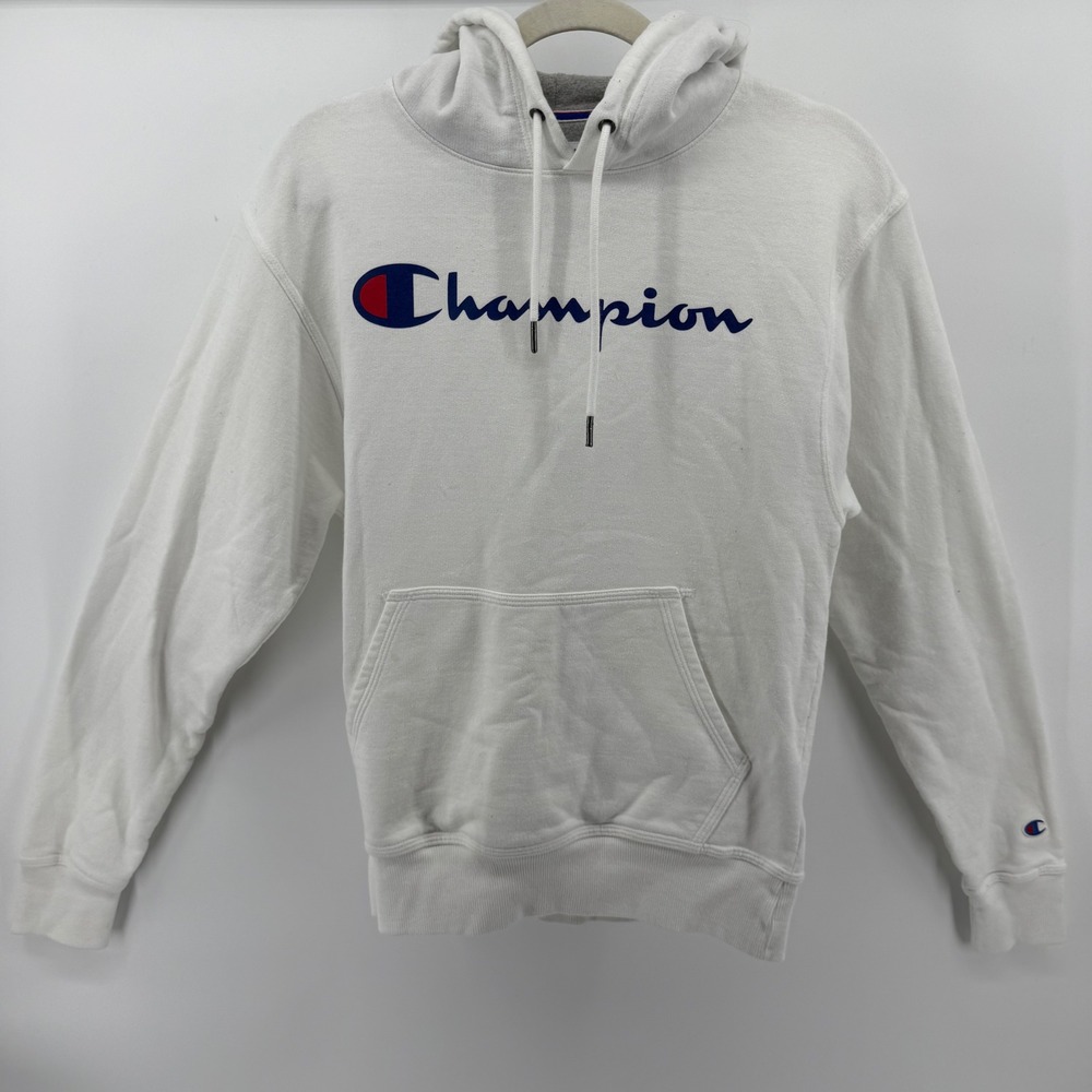 Champion White Hoodie Hooded Sweatshirt Classic Logo Sz S‎ Unisex Everyday Sport